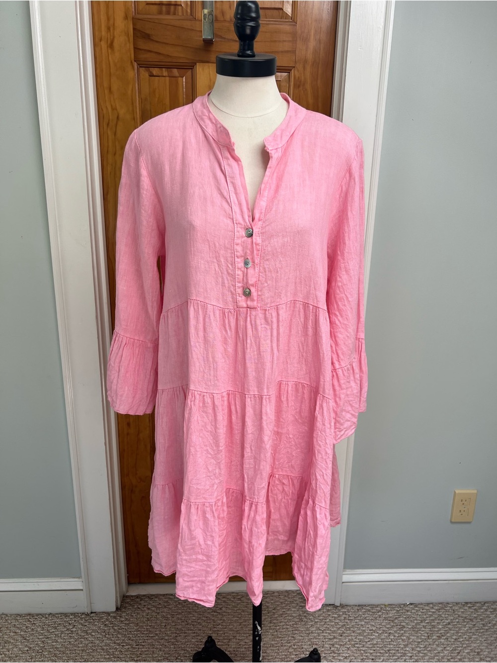 Pink Tiered Popover Linen Midi Dress Beach Cruise Resort
